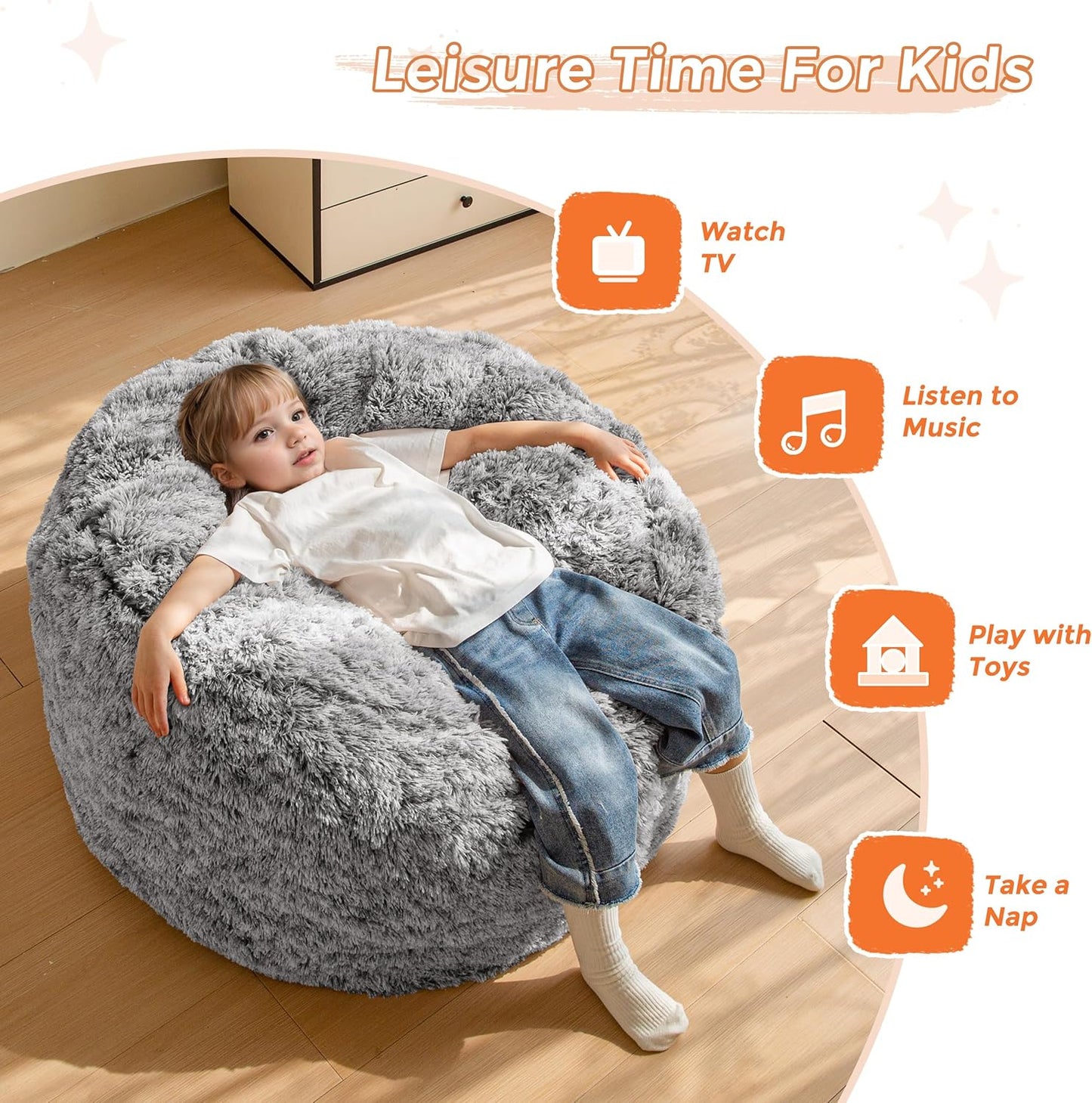 MAXYOYO Kids Bean Bag Chair, Stuffed Faux Fur Bean Bag for Toddler, Ultra Soft Floor Sofa with High-Density Foam Filling, Lazy Chair for Living Room, Playroom, Nursery Room