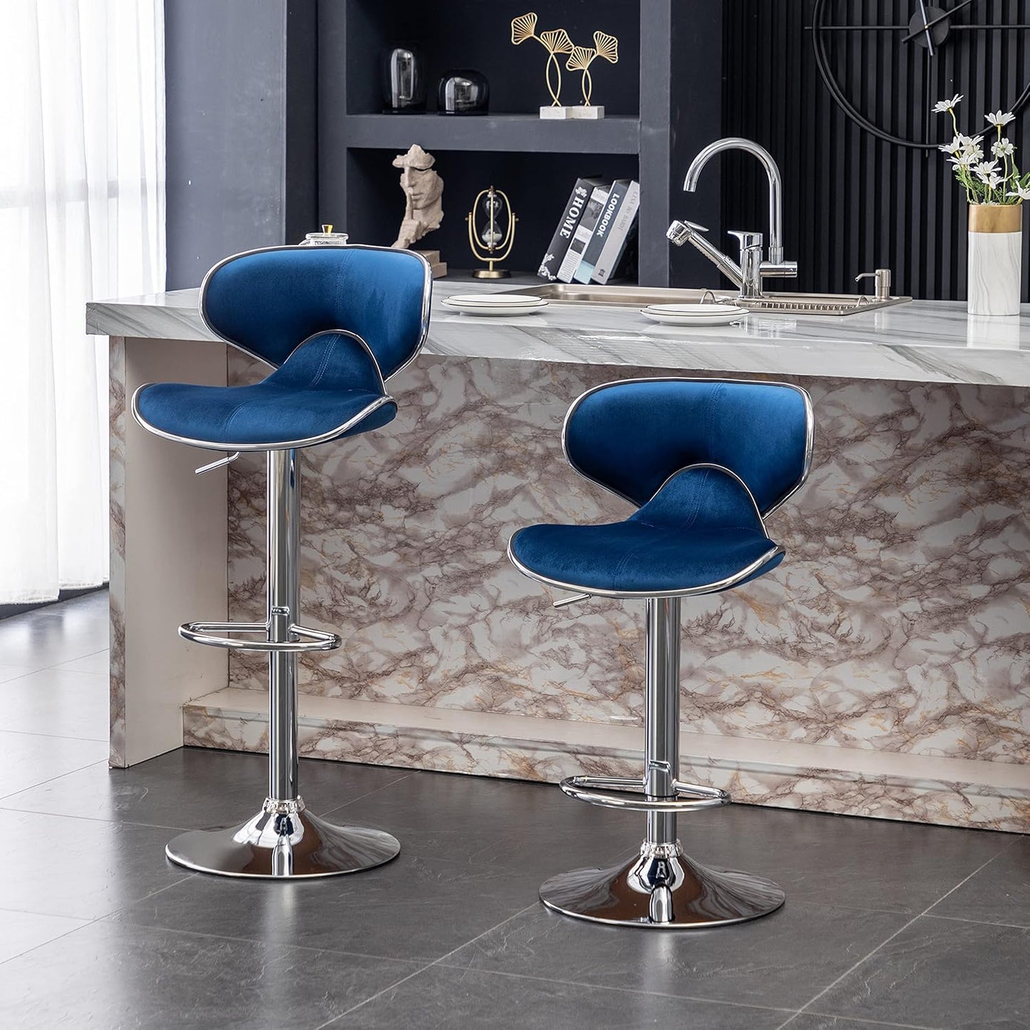 Roundhill Furniture Masaccio Velvet Upholstered Adjustable Swivel Barstool, Set of 2, Blue
