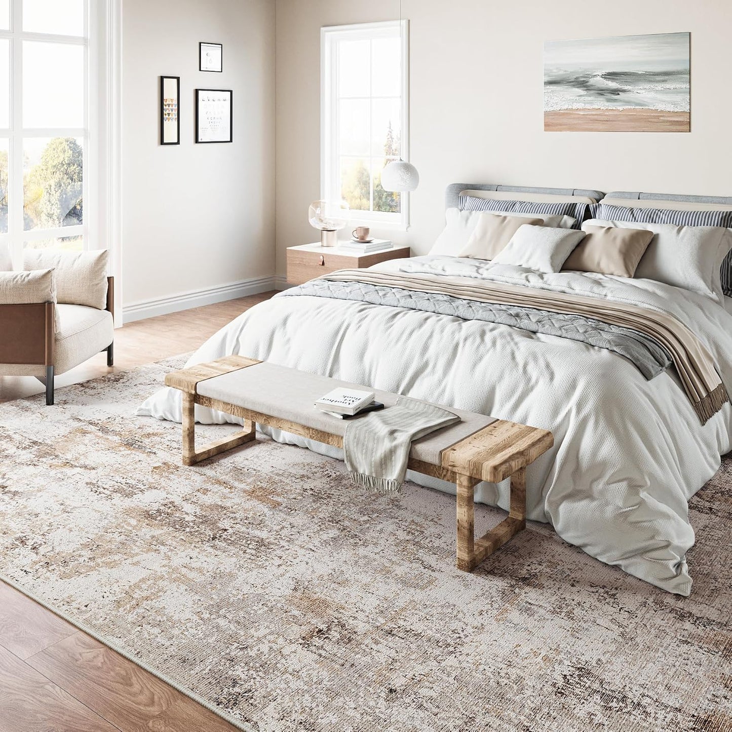 5x7 Washable Area Rug Brown Grey Neutral Abstract Living Room Bedroom Throw Rug Non Slip Soft Low Pile Indoor Floor Carpet for Dining Room Kitchen Office Entryway Home