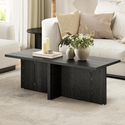 Luoxiao Rectangle Coffee Table for Living Room 47 inch Wood Modern Center Accent Table Minimalist Small Rectangular Cocktail Table Black, Space Saving, Easy Assembly