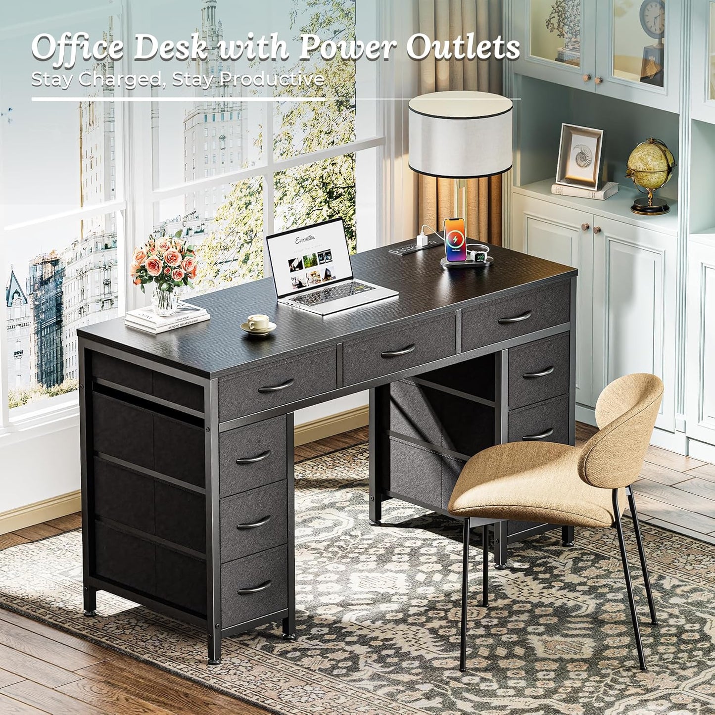 PRAISUN 47 Inch Office Desk with Outlets, Computer Desk with 9 Fabric Drawers, Writing Gaming Work Study Desk for Bedroom, Living Room, Home Office, Large Storage, Black