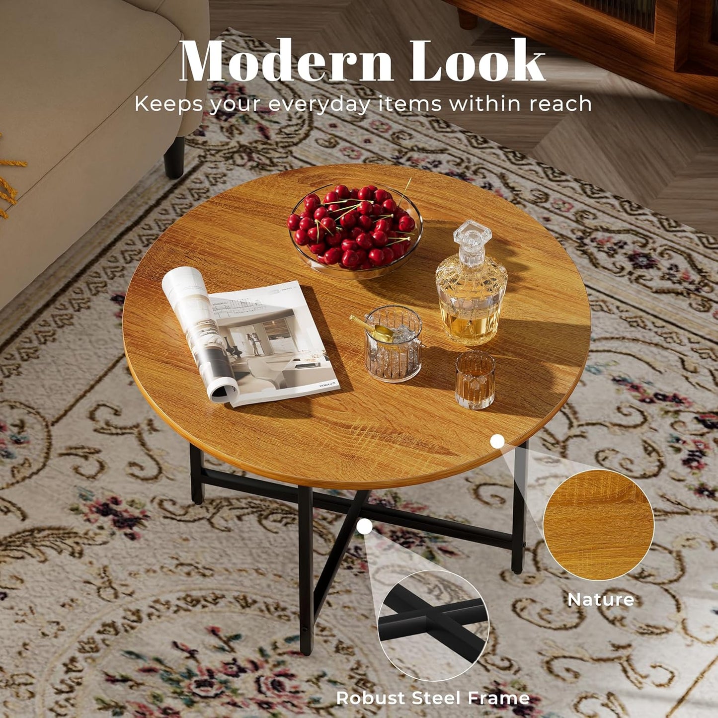 Round Coffee Table, Small Coffee Tables for Living Room, Wood Coffee Table with Metal Frame, Floor Table Desk for Sitting on The Floor, Home, Office, Farmhouse, Honey Brown (23.6"D x 17.7"H)