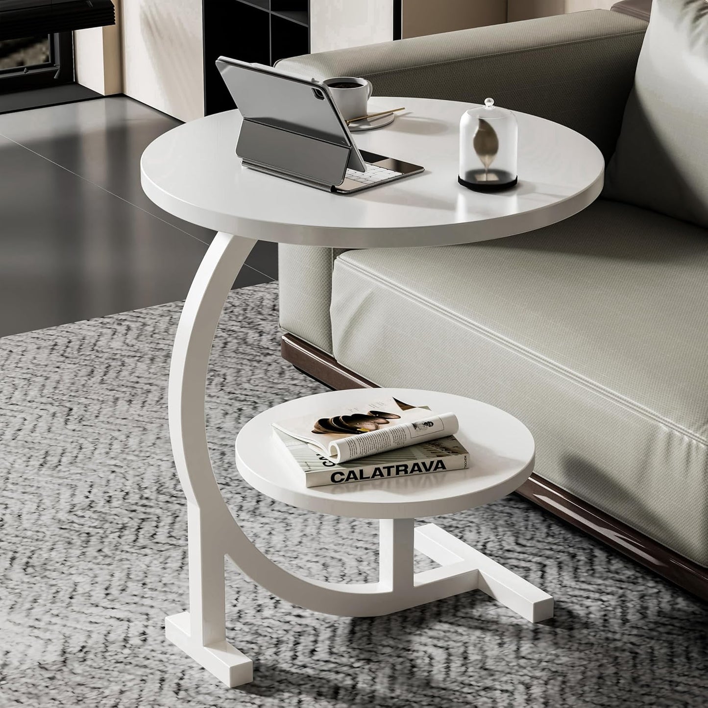 C-Shaped End Table,2 Tiers Round Side Table,Sofa Small Side Table for Living Room, Bedroom,Bedside Small Space,White
