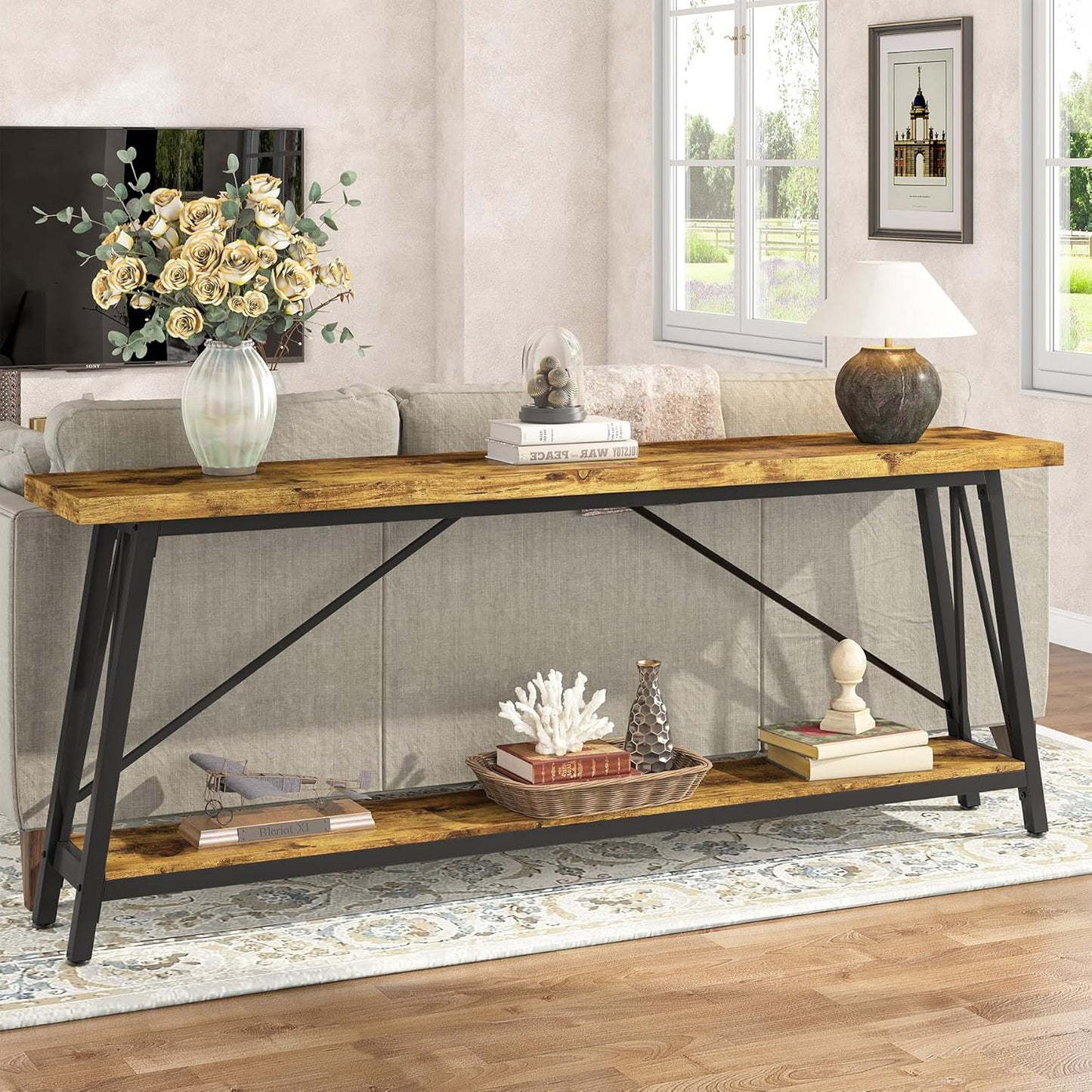 Tribesigns 70.9 Inches Extra Long Sofa Table Behind Couch, Industrial Entry Console Table for Hallway, Entryway & Living Room, Rustic Brown