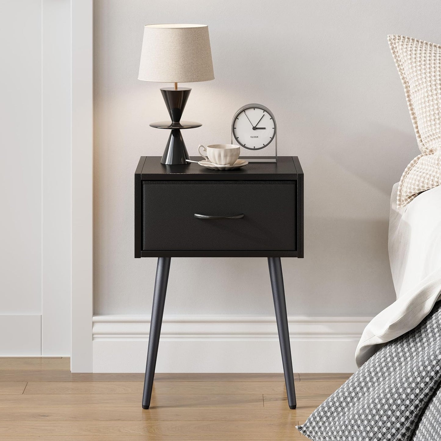 Black Nightstands Set of 2, Small Bedside Table with Fabric Drawer, Modern End Table with Metal Leg, Couch Side Table for Bedroom Living Room, Sofa, Office LNT504B