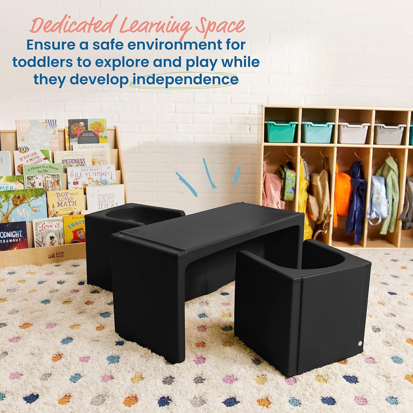 ECR4Kids Tri-Me Table and Cube Chair Set, Multipurpose Furniture, Black, 3-Piece