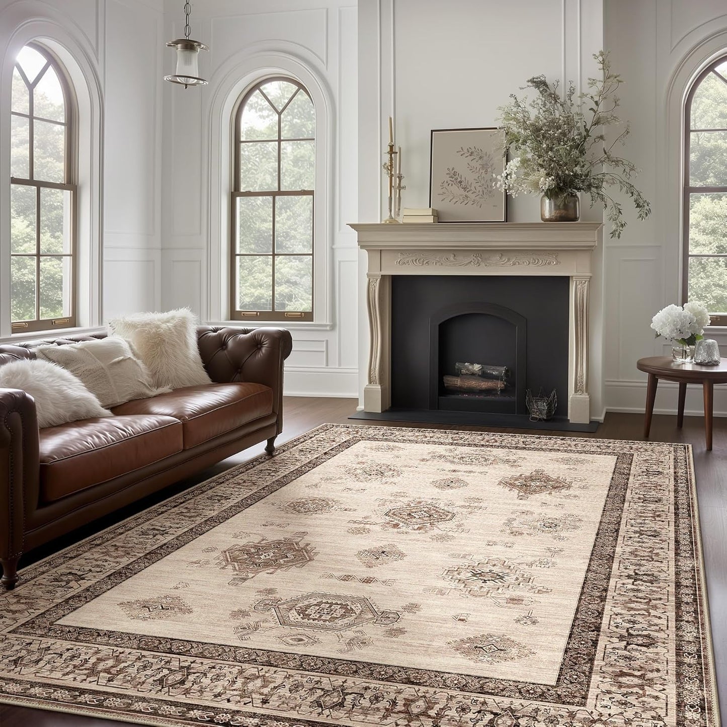 8X10 Area Rugs Machine Washable Rugs for Living Room, Vintage Boho Large Rugs for Bedroom Dining Room, Non Slip Indoor Soft Distressed Lightweight Thin Low Pile Carpet, Beige