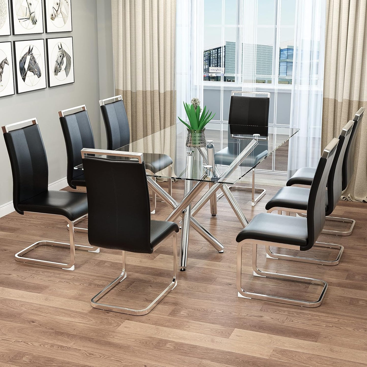 Dining Chairs Set of 8, Kitchen Modern Metal Chairs with Faux Leather Padded Seat High Back and Sturdy Chrome Legs, Chairs for Dining Room (Black, Set of 8)