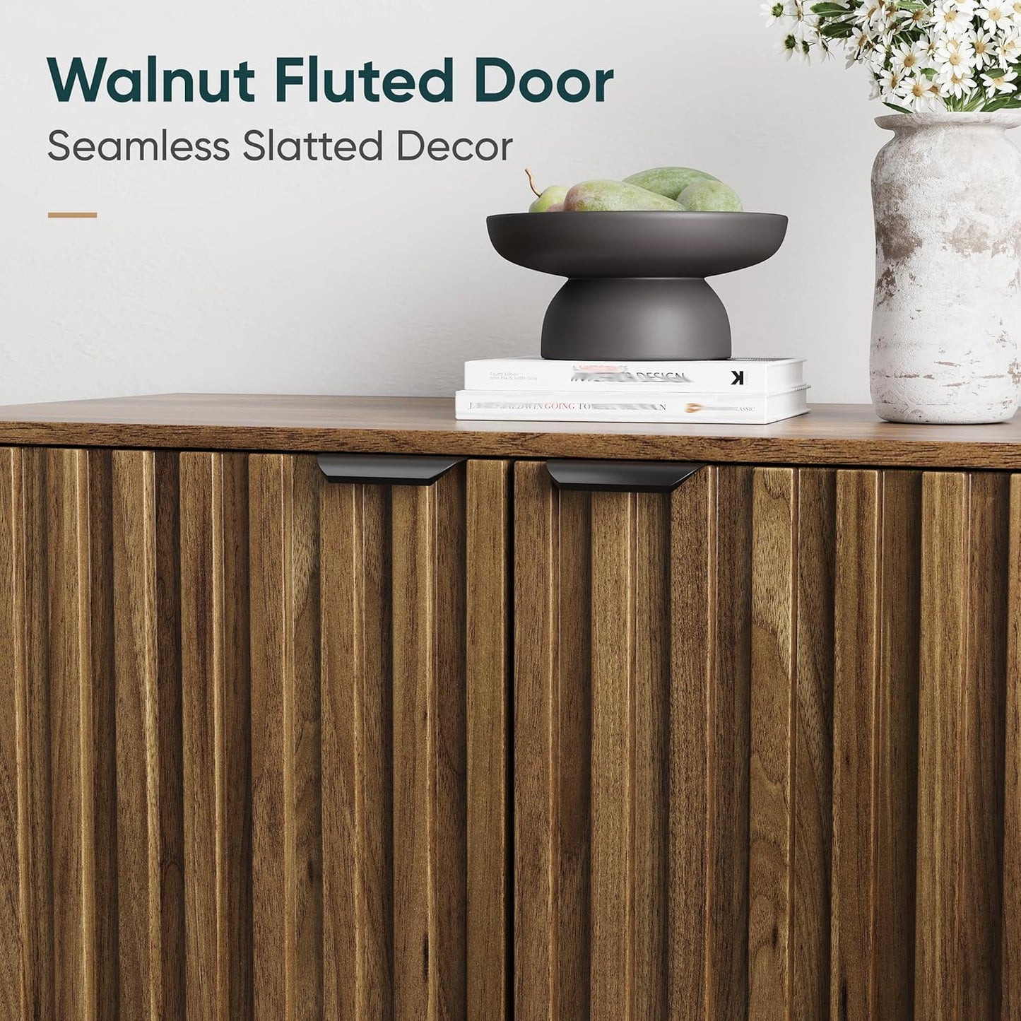 Semiocthome Walnut Buffet Cabinet with Storage, Sideboard Cabinet with Fluted Doors and Metal Legs, Storage Cabinet with Adjustable Shelf, Accent Table for Living Room, Dining Room, Kitchen, Entryway