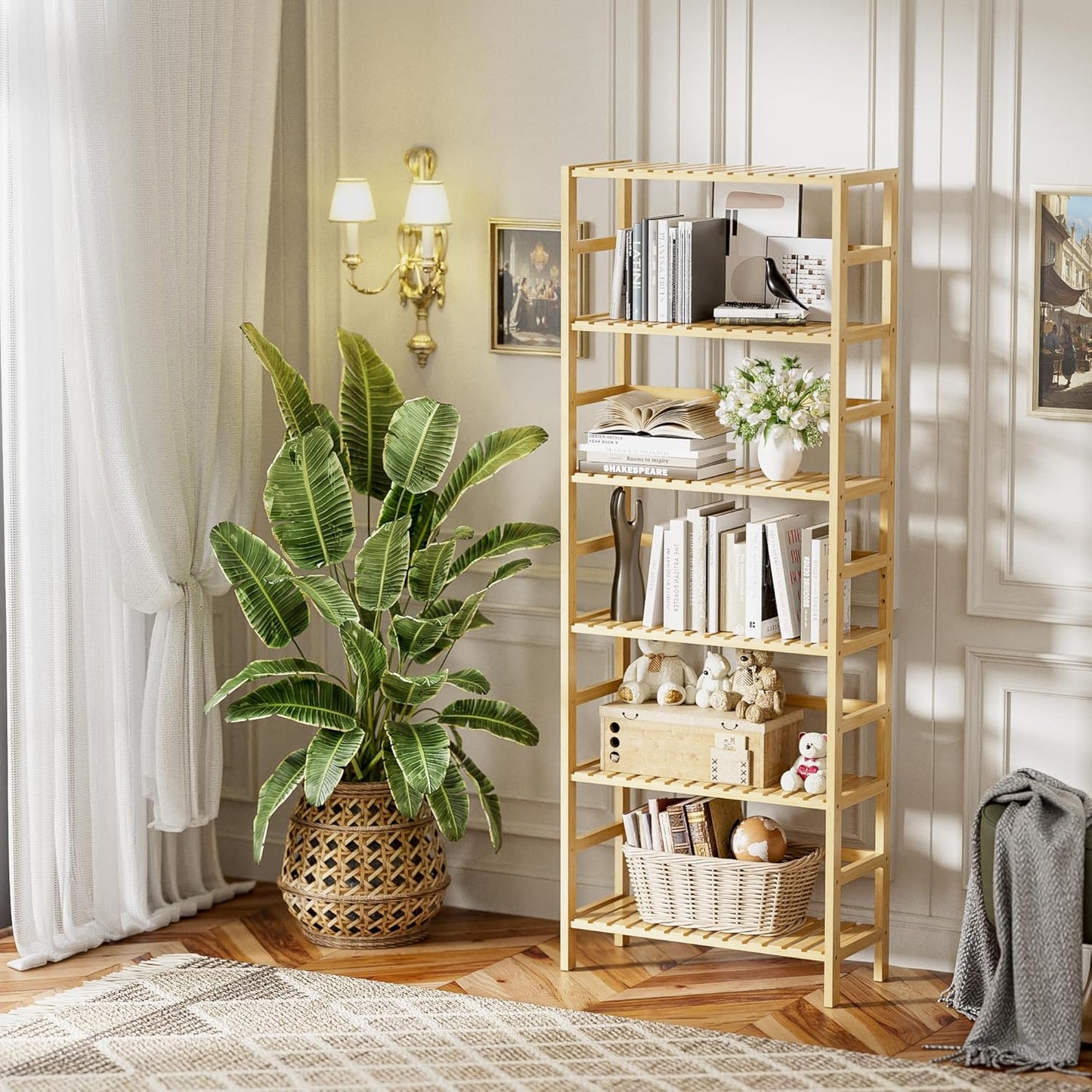 HITNET Bamboo Shelf, 6-Tier Adjustable Tall Open Bookcase, Bathroom Storage Rack Freestanding Shelving Unit, Plant Display Stand for Small Space, Natural