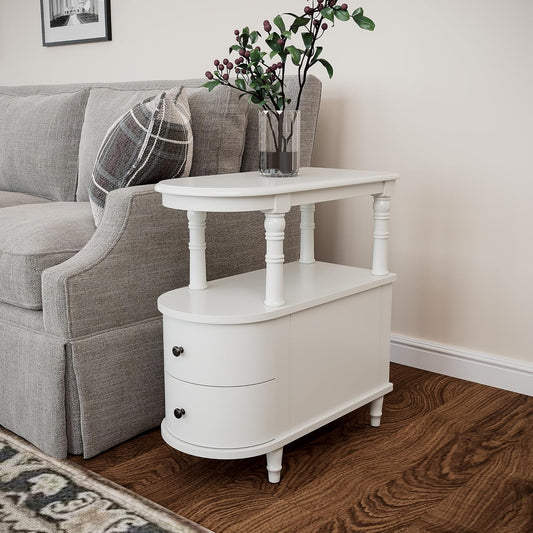 Wood End Table with 2 Drawers and Storage Shelf, Narrow Sofa Side Table for Living Room, Vintage Slim Nightstand Bedside Table for Bedroom, Slim Chair Side Table White BGA508WT