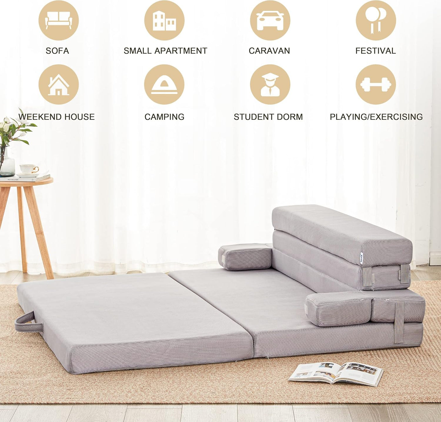 Sleep 4 Inch Foldable Mattress, Portable Floor Mattress Couch with Headrest, Washable Cover, Foldable Foam Couch Queen for Guest Bed, Folding Sofa Bed, Camping, Road Trip, Dark Grey