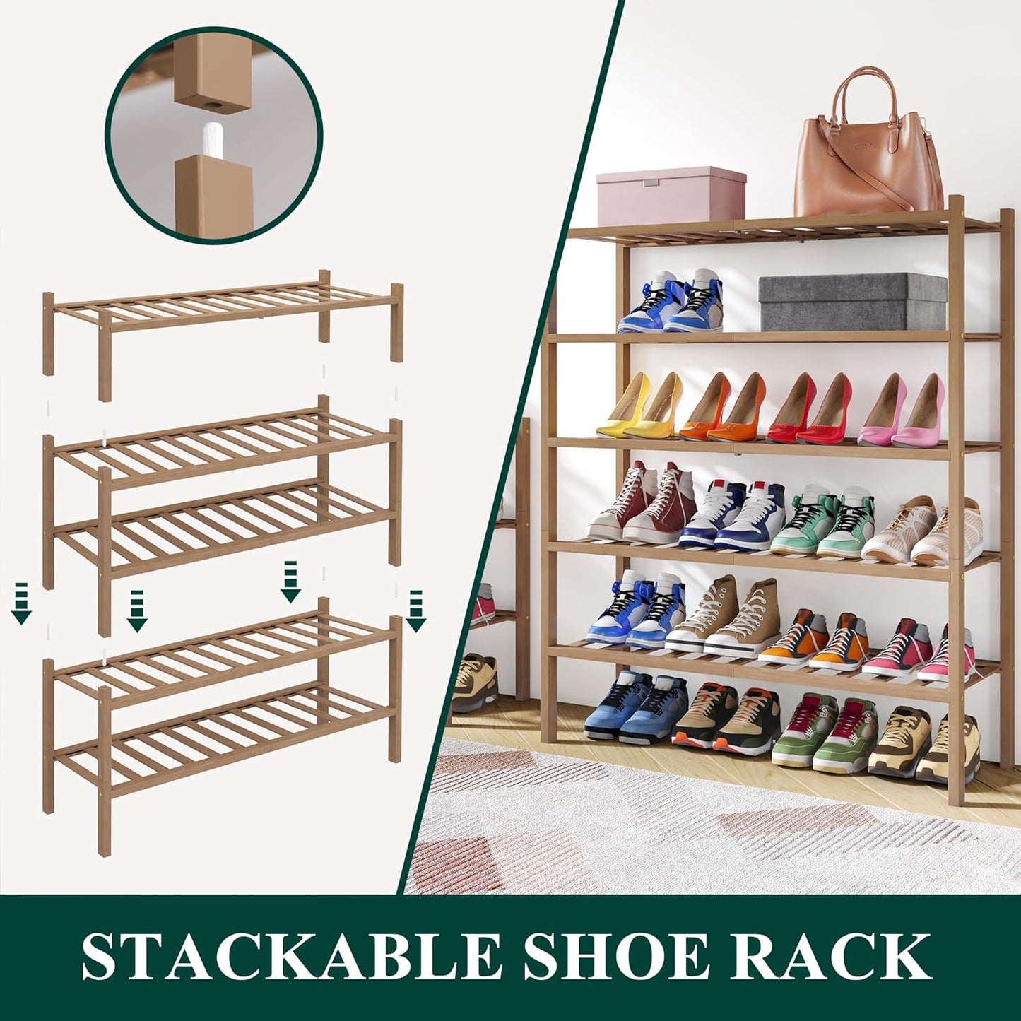 Smiry Shoe Rack, 4 Tier Thick Bamboo Shoe Organizer, Stackable Free Standing Wooden Shoe Storage Shelf for Closet, Entryway, Front Door Entrance, Walnut