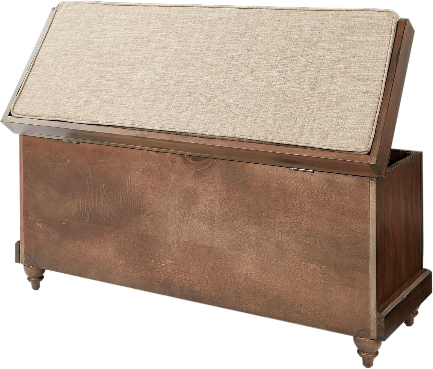 OSP Home Furnishings Dover Coastal Lift-Top Storage Bench with Shutter Face Styling, Distressed Brown Finish with Beige Linen Fabric Cushion