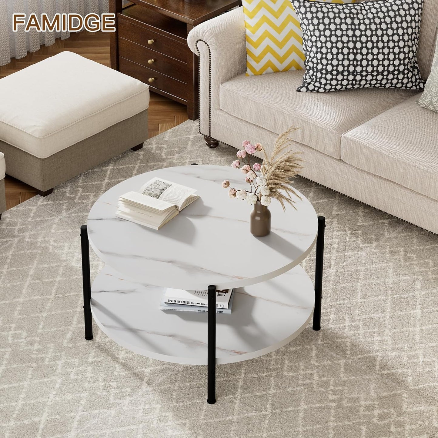 Round Coffee Table, 27.6" Circle Coffee Table for Living Room, 2-Tier Wood Accent Center Table with Open Storage Industrial Design Home Furniture, White