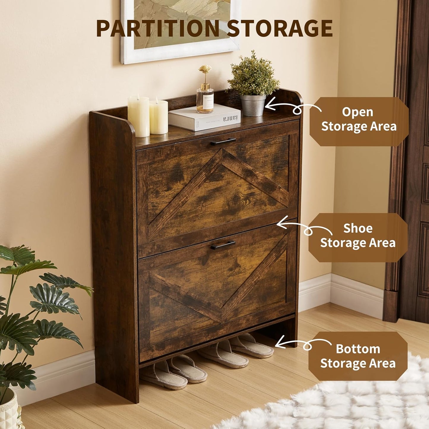 Shoe Storage Cabinet with 2 Flip Drawers, Freestanding Shoe Cabinet Organizer with Metal Flip Frame for Entryway, Hallway, Foyer, Vintage Color