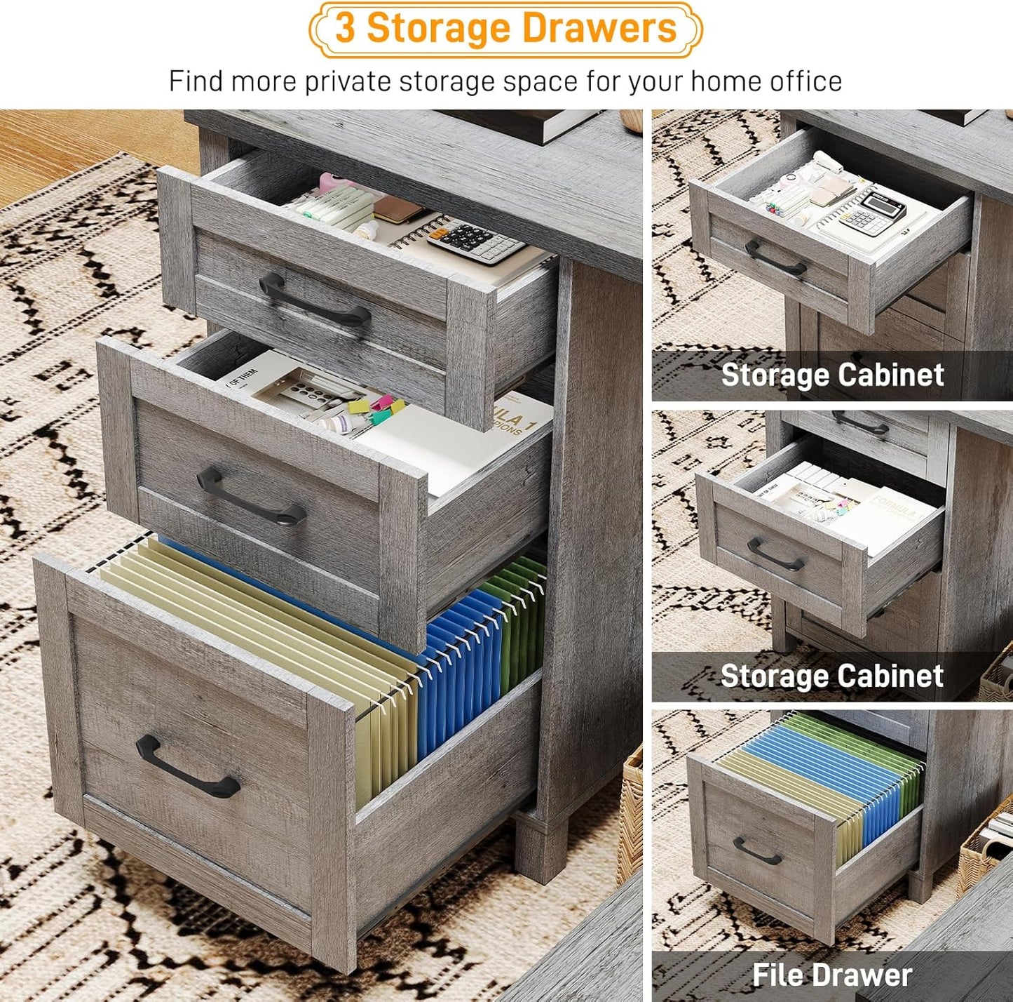 59” L Shaped Executive Desk with Power Outlets, Farmhouse Home Office Desk with Flie Drawer,Stroage Cabinet, Wood Corner Sturdy Writing Workstation.(Gray.