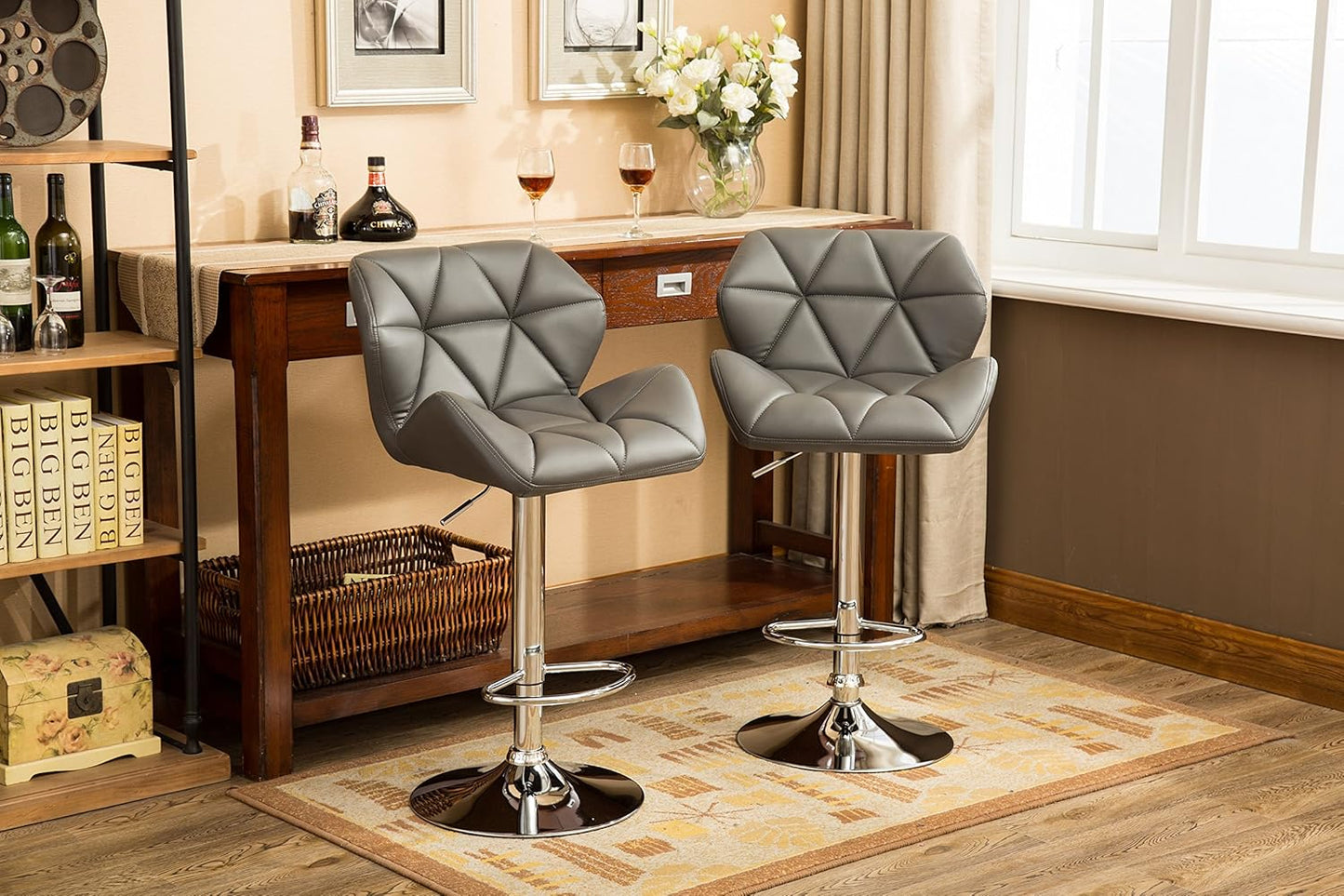 Roundhill Furniture Glasgow Contemporary Tufted Adjustable Height Hydraulic Grey Bar Stools, Set of 2,