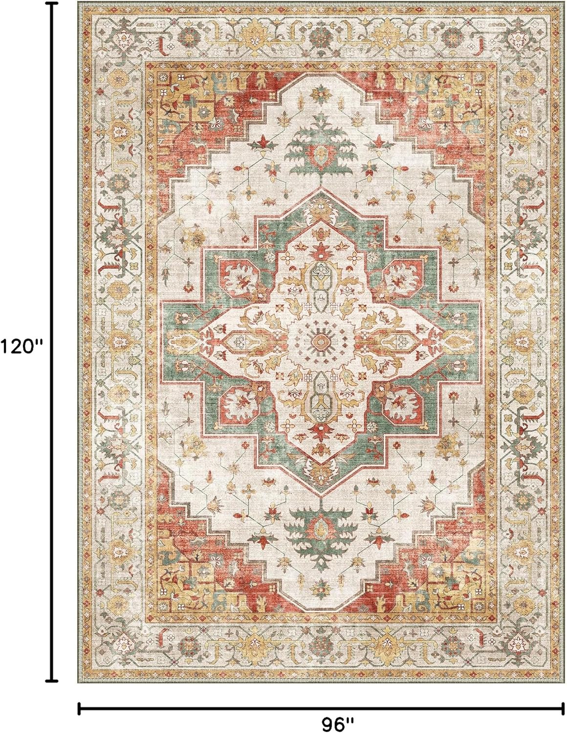 8X10 Area Rugs Machine Washable Rugs for Living Room, Vintage Boho Large Rugs for Bedroom Dining Room, Non Slip Indoor Soft Distressed Lightweight Thin Low Pile Carpet, Yellow Slate Green