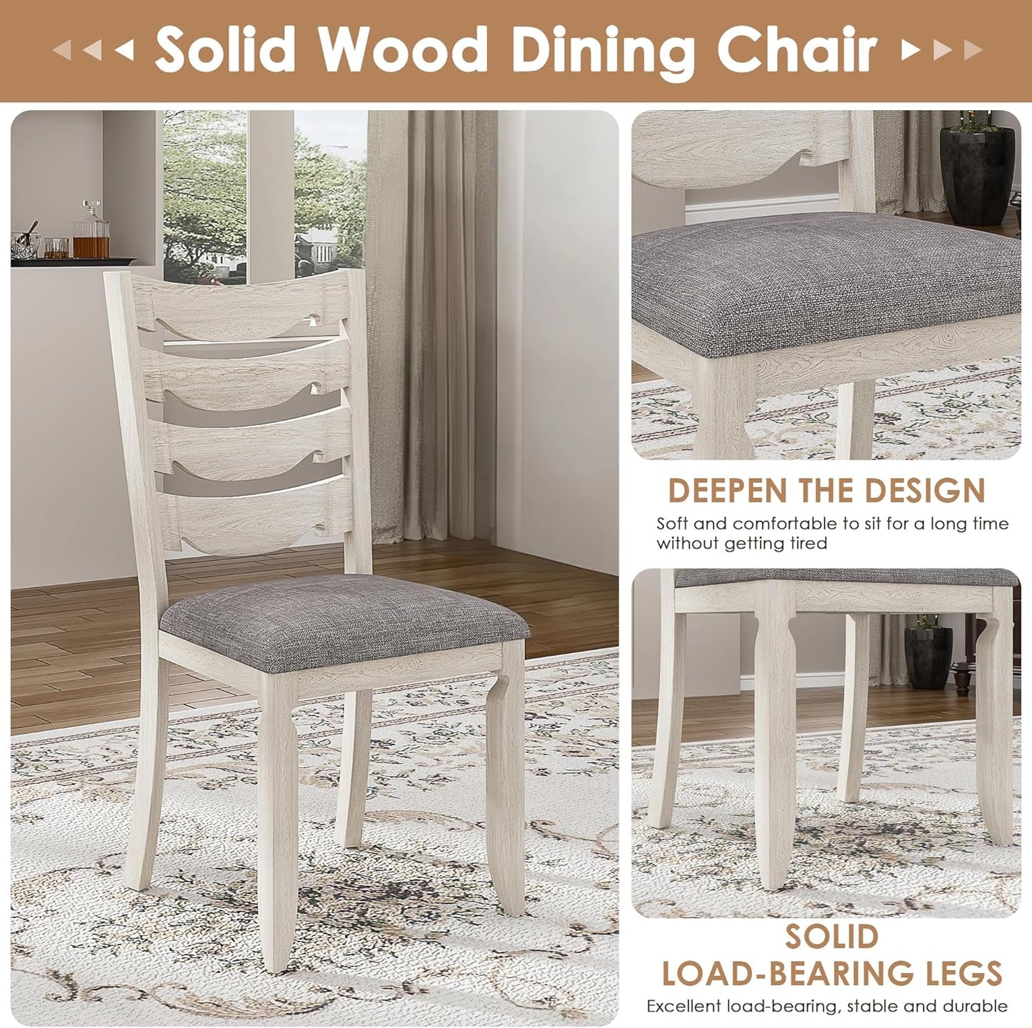 7-Piece Solid Wood Dining Table Set with 6 Upholstered Chairs - Modern Design for Kitchen & Small Spaces, for Dining Room, Kitchen, Washed Gray