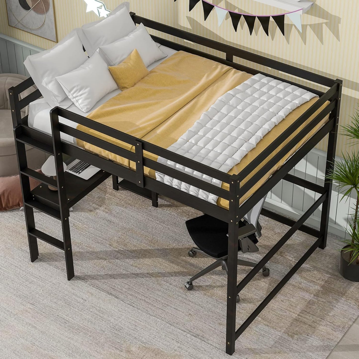 HomSof Full Loft Bed with Desk and Shelves,Espresso