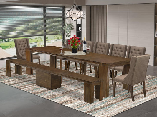 X07FO-B08-18 - 9 Pieces Dining Set Includes an Extendable Rectangle Kitchen Table, 7 Dining Chairs and 1 Modern Bench, 39x120 Inch, Antique Walnut