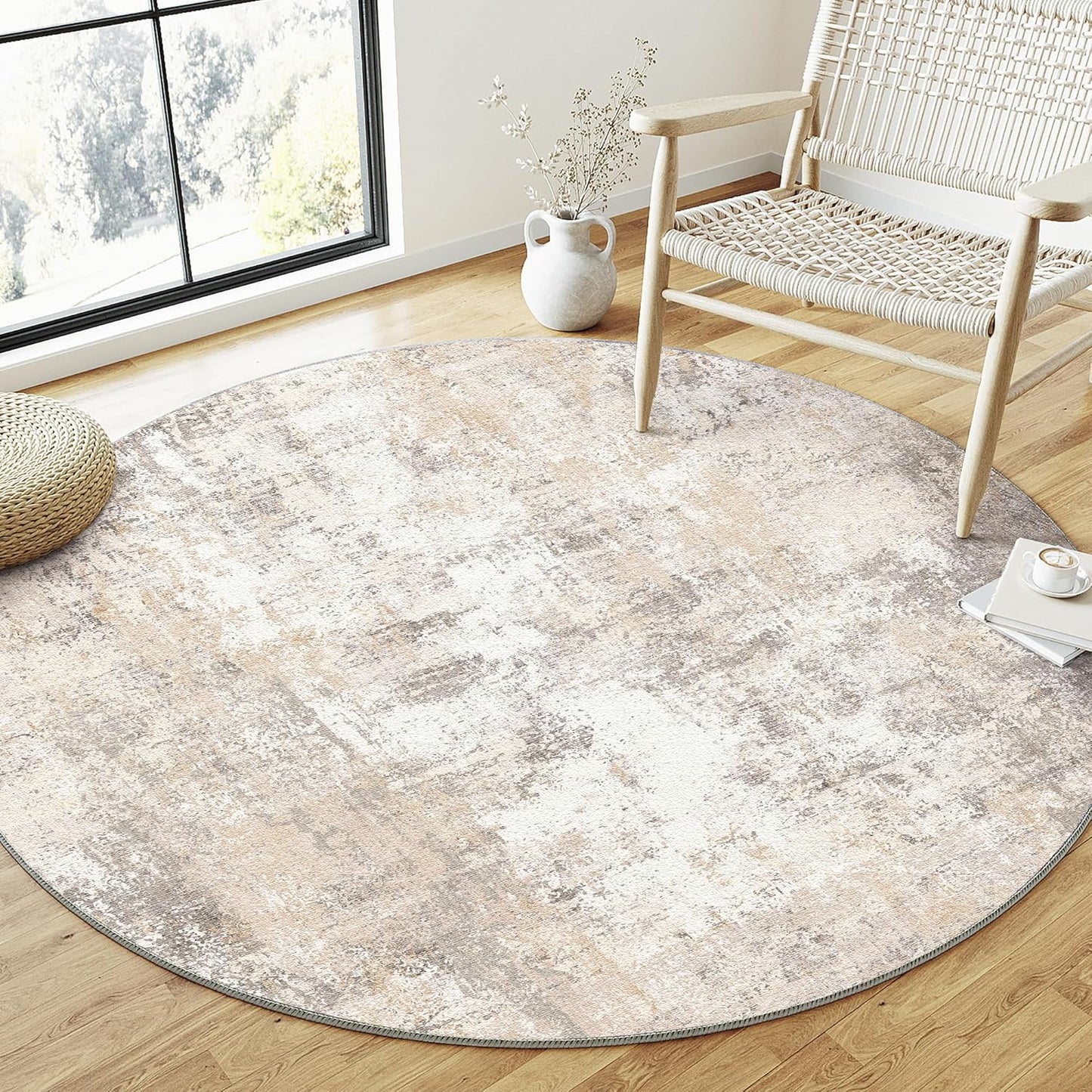 5x5 Washable Round Rug Beige Grey Neutral Abstract Living Room Bedroom Non Slip Low Pile Area Rug Office Entryway Indoor Doormat Soft Carpet for Entrance Bathroom Kitchen