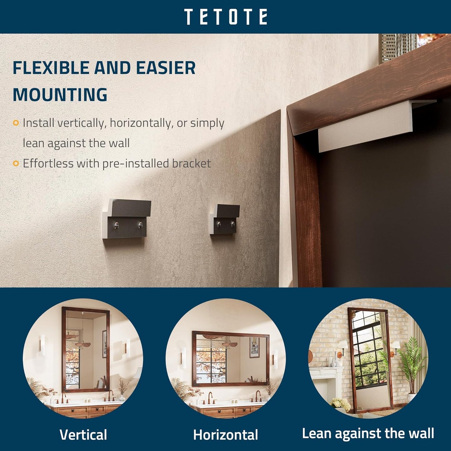 TETOTE 48 x 24 Walnut Wood Framed Mirror for Bathroom Wall/Bedroom/Living Room/Entryway Farmhouse Rustic Bathroom Vanity Mirror for Over Sink Waterproof (Horizontal/Vertical Mounted)