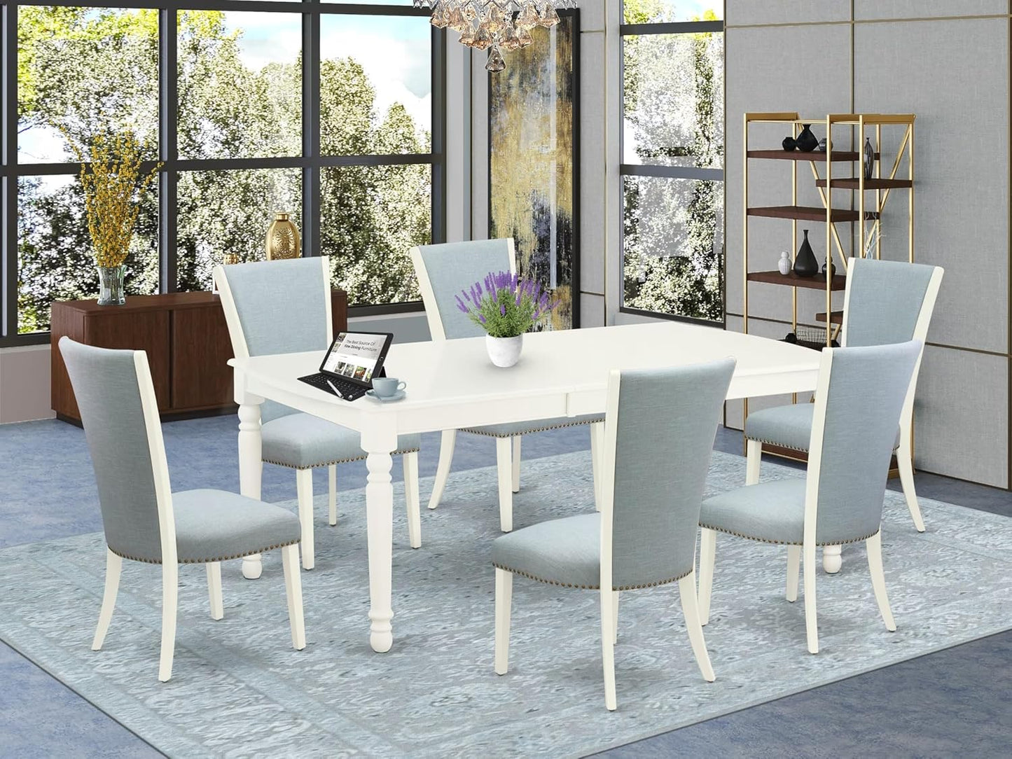 East West Furniture DOVE7-LWH-15 7 Piece Dinette Set Consist of a Rectangle Dining Room Table with Butterfly Leaf and 6 Baby Blue Linen Fabric Parson Dining Chairs, 42x78 Inch, Linen White