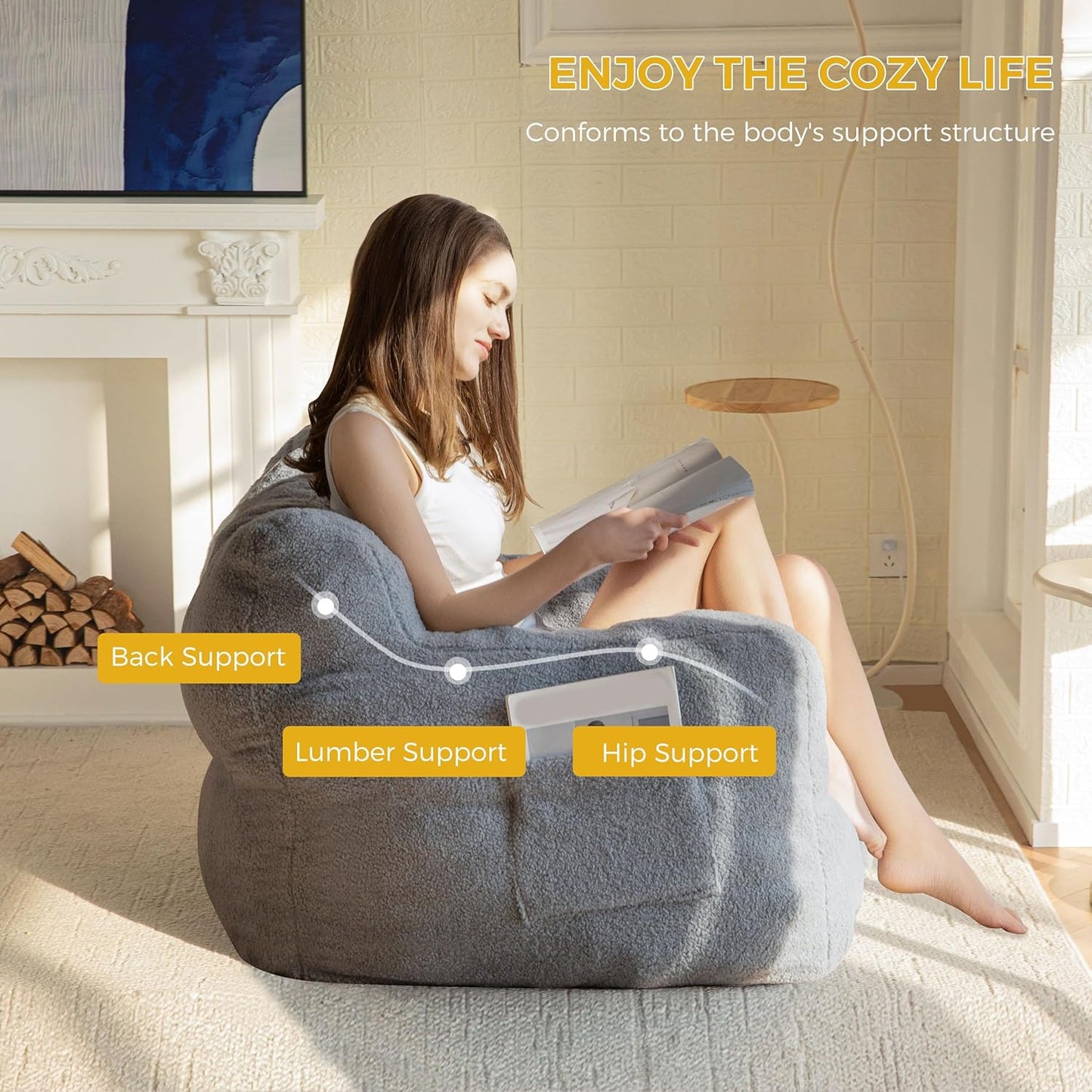 MAXYOYO Bean Bag Chair, Tufted Bean Bag Sofa with Boucle Fabric, Comfy Lazy Chair with Filler, Living Room Sofa for Adults Teens, Accent Couch for Bedroom Dorm, Grey