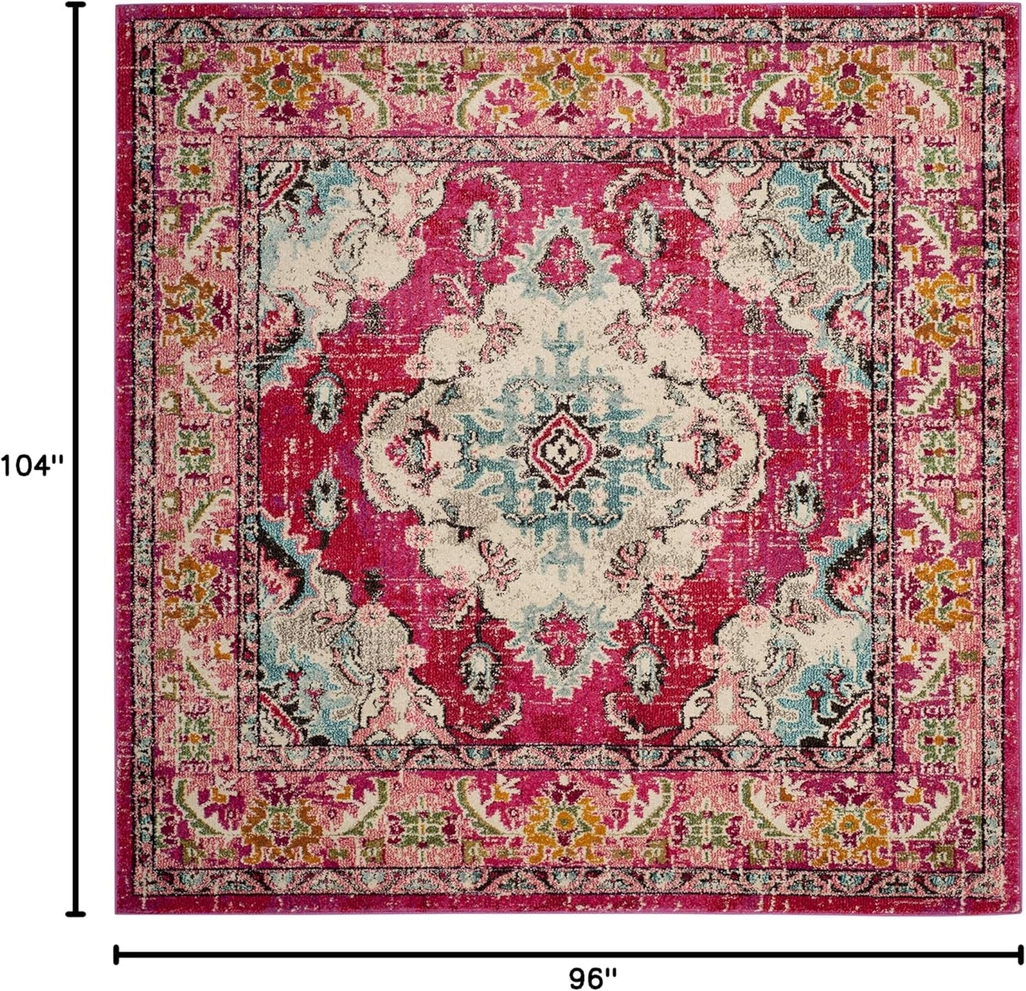 SAFAVIEH Monaco Collection Area Rug - 8'8" Square, Pink & Multi, Boho Chic Medallion Distressed Design, Non-Shedding & Easy Care, Ideal for High Traffic Areas in Living Room, Bedroom (MNC243D)