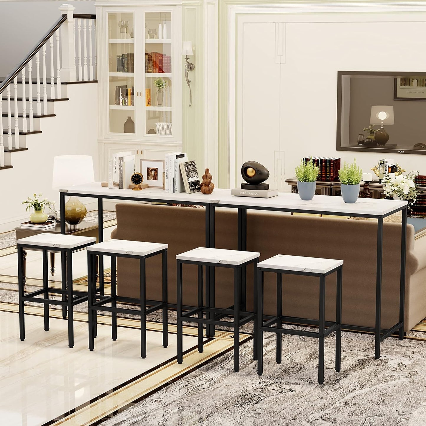 Aklaus Bar Table Set,44" White Faux Marble Top Bar Table and Chairs Set,Counter Height Bar Table with 2 Bar Stools,3 Piece Kitchen Breakfast Table for Living Room Dining Room Apartment