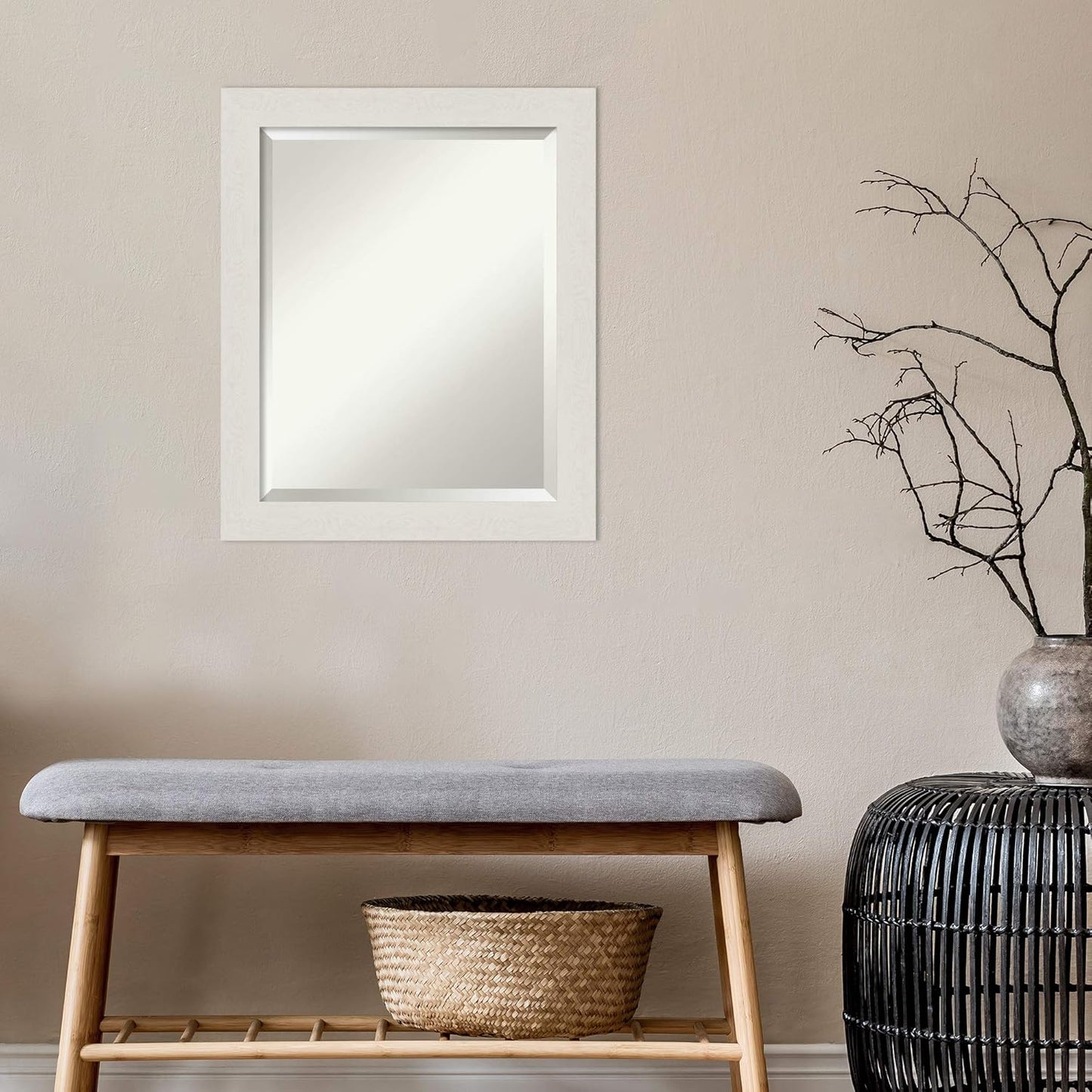 Amanti Art White Bathroom Mirror for Over Sink, 24x20 Rustic Plank White Narrow Rectangle Vanity Mirror, Small Rustic Farmhouse Frame, Hangs Horizonally and Vertically, Bathroom Wall Decor, Beveled