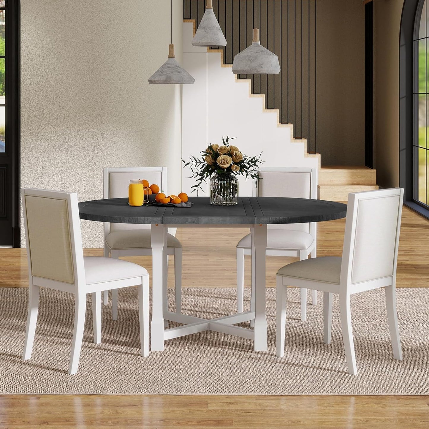 Ball & Cast 5 Pieces Dining Table Set with 4 Upholstered Chairs,Farmhouse Wooden Living Room Furniture for 4 W/ 57.7" Extendable Dining Table,for Dining Room,Bistro,Apartment,Grey+White