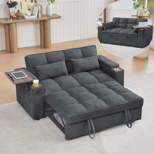 3 in 1 Queen Loveseat Convertible Sofabed Modern Living Room Multifunctional Sleeper Sofa Convertible Spacious Sofa Bed W/Pull Out Sleeper Couch Bed Armrests Storage,Cupholders,USB Ports ,Side Table