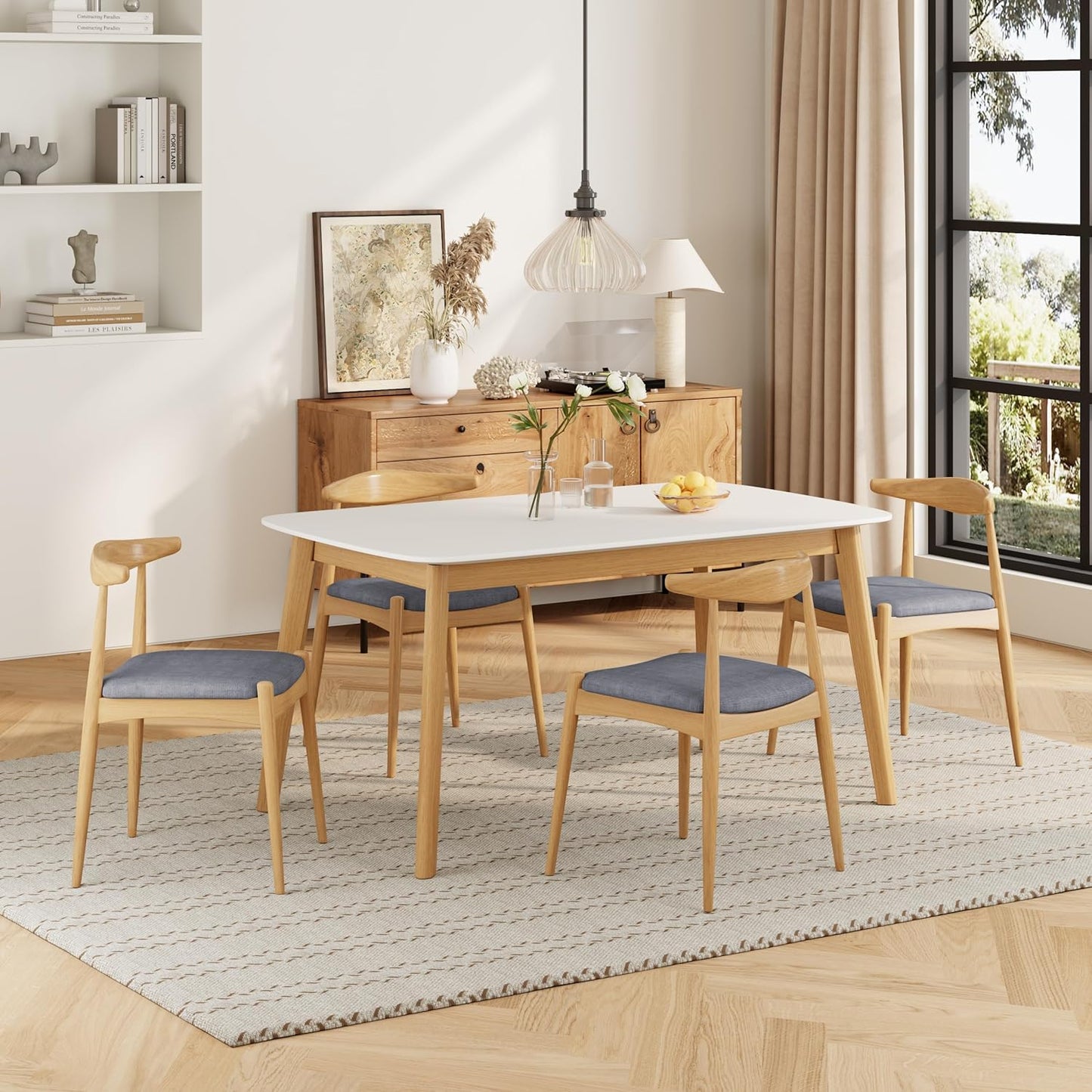 5-Piece Dining Set, Mid-Century Modern Solid Wood Table & Chair Set for 4, Kitchen, Dining Room, Restaurant, Natural Oak+Gray