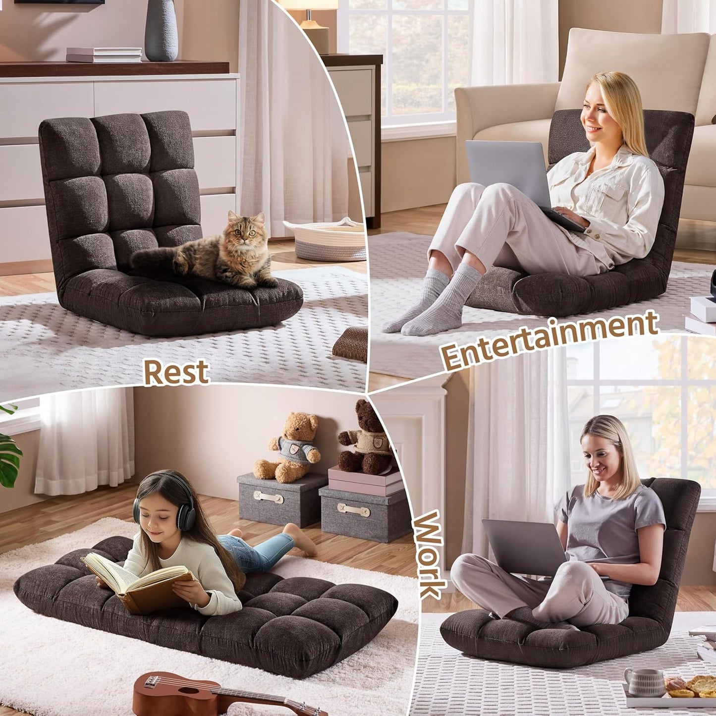 Yaheetech Floor Folding Chair with Back Support, Padded Folding Gaming Sofa Chair with 14 Adjustable Backrest, Adults Couch Recliner, Floor Seating Lounge Chair, Armless Meditation Chair, Brown