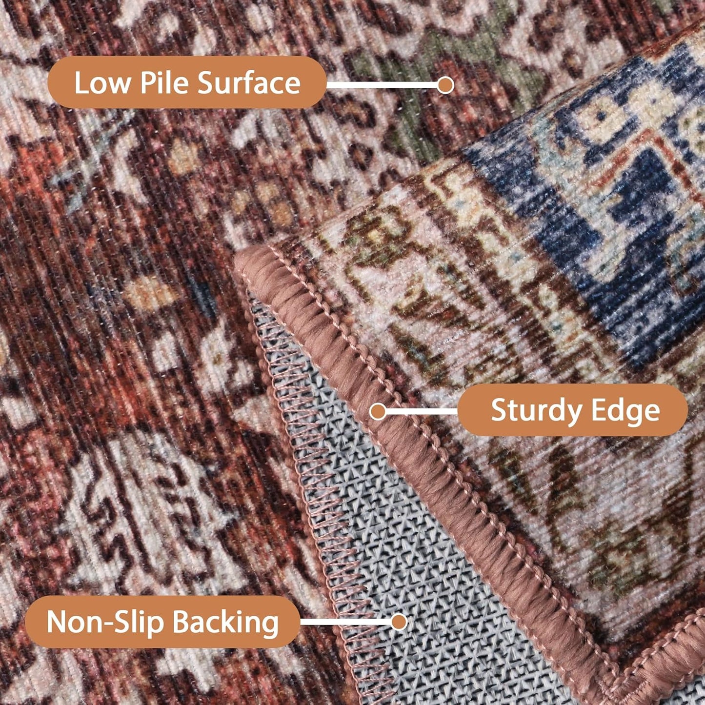 10X12 Area Rugs Machine Washable Rugs for Living Room, Vintage Boho Large Rugs for Bedroom Dining Room, Non Slip Indoor Soft Distressed Lightweight Thin Low Pile Carpet, Red Brown