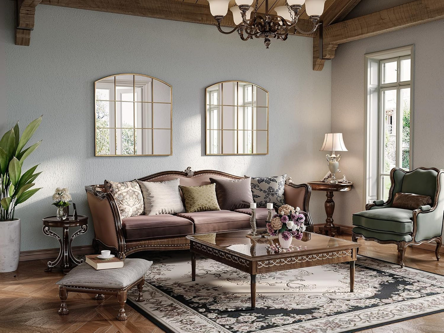 36" x 36" Farmhouse Arched Wall Mirror, Gold Window Pane Mirrors, Rustic Large Grid Mirror for Living Room, Bedroom, Hallway, Entryway