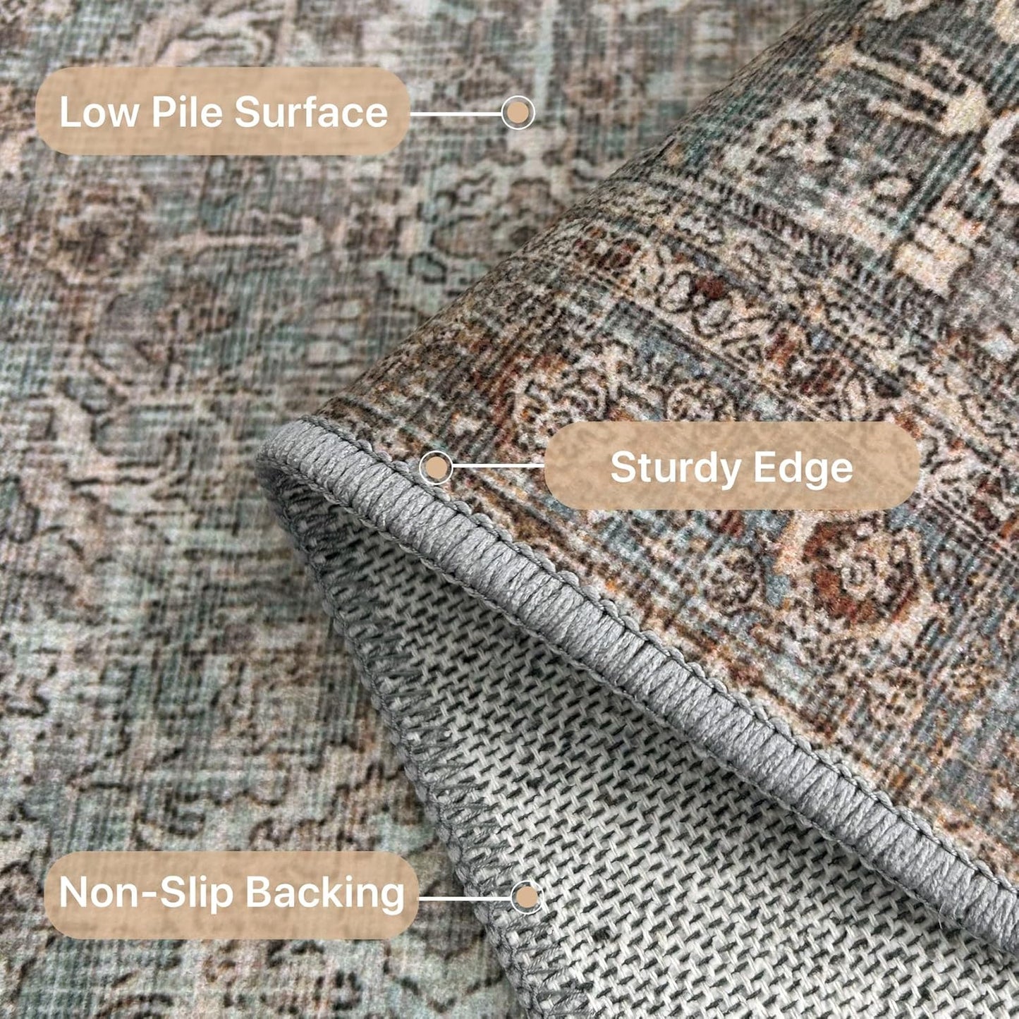 9X12 Area Rugs Machine Washable Rugs for Living Room, Vintage Boho Large Rugs for Bedroom Dining Room, Non Slip Indoor Soft Distressed Lightweight Thin Low Pile Carpet, Soft Sand