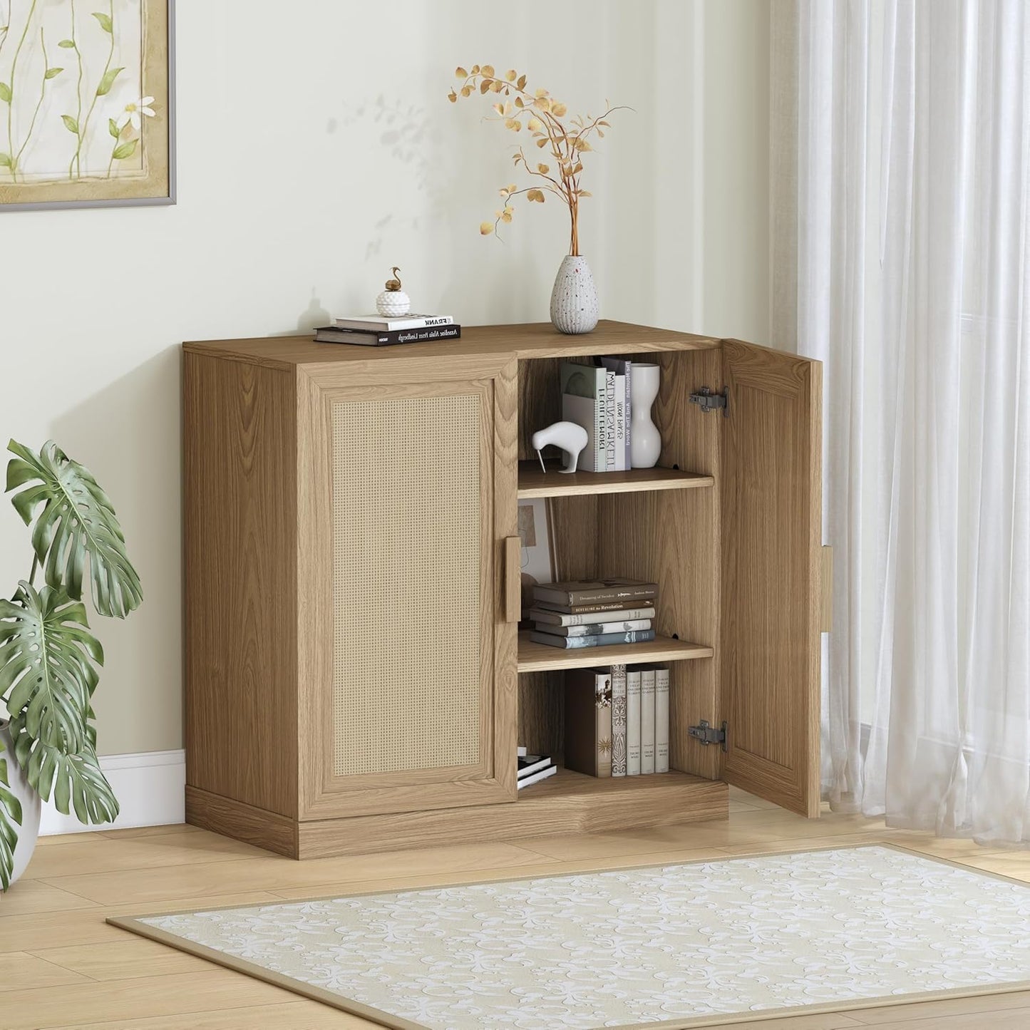 Buffet Cabinet, 2-Doors Sideboard Cabinet with Rattan Panels, Buffet Console Accent Table for Hallway Entryway Dining Room, 31", Oak