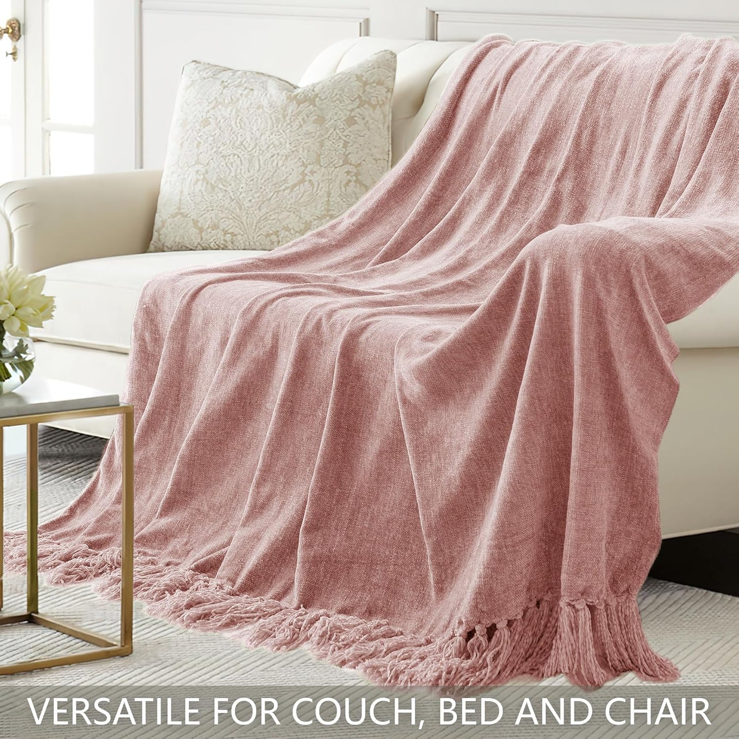 Chenille Throw Blanket for Couch 60"X 80" Twin, Soft Cozy Throws with Fringe Tassel for Bed Sofa Chair Cover, Lightweight Knitted Decorative Boho Blankets for Living Room, Dusty Pink