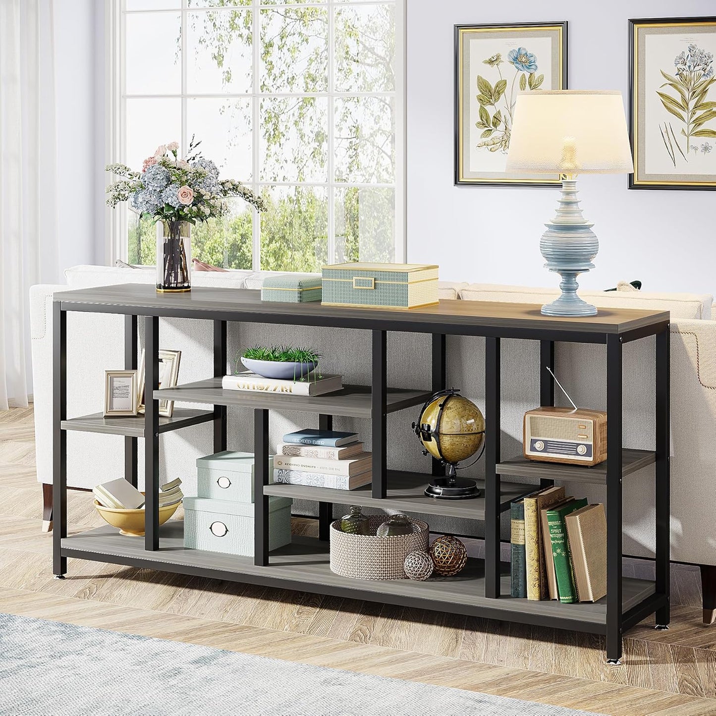 Tribesigns Console Sofa Table, 70.9 inch Extra Long Console Table Behind Couch with Storage Shelves, 3-Tier Modern Narrow Entryway Hallway Accent Table for Living Room, Grey