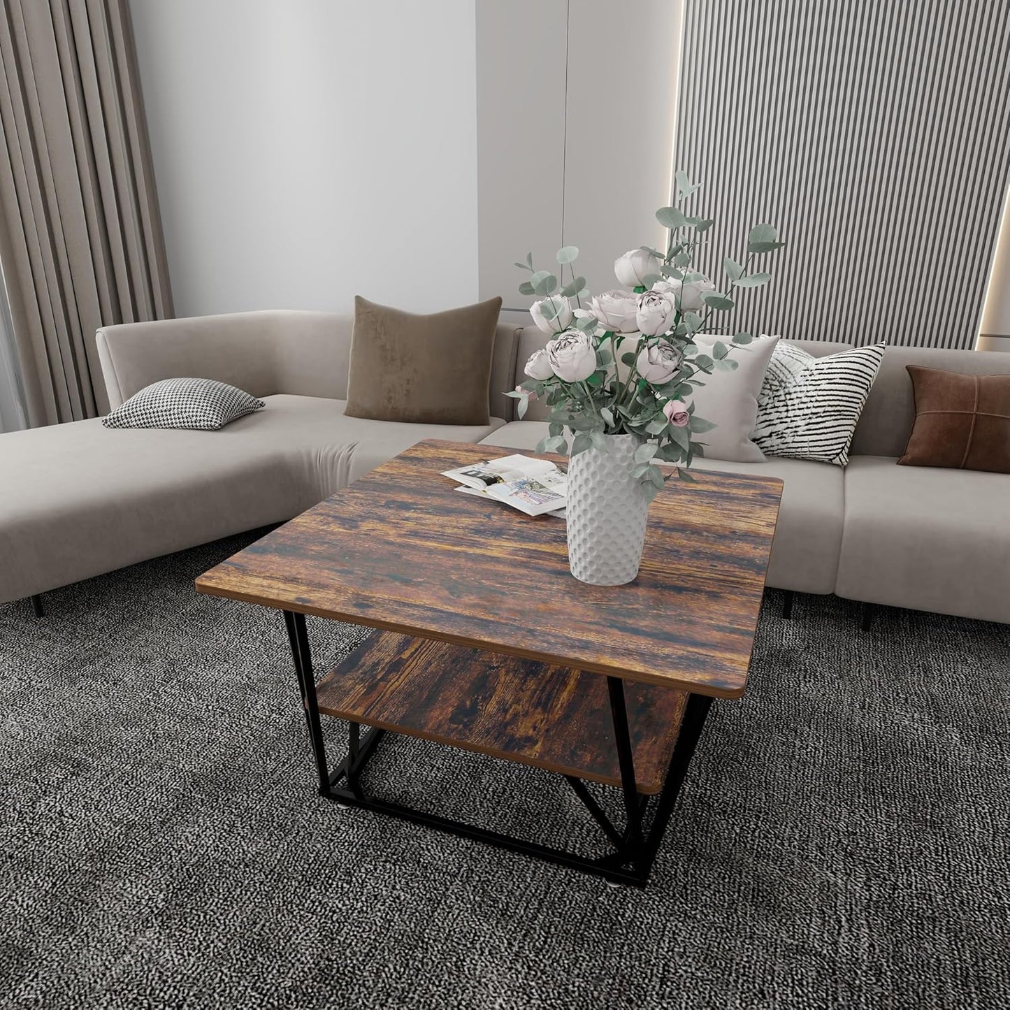 Elephance Square Coffee Table for Living Room, Modern 31.5" Two-Tier Caramel Brown Table with Wooden Top-Almond and Black Frame