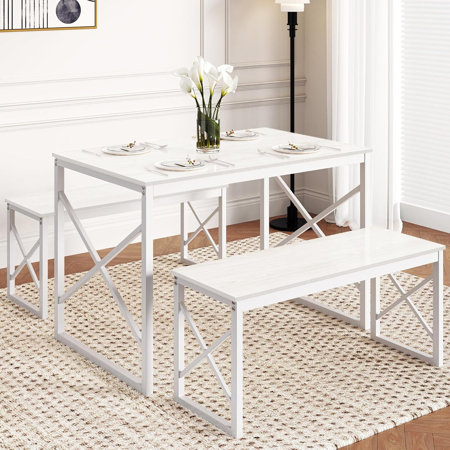 VECELO Dining Table with 2 Benches for 4, 43.3'' Wood Kitchen Room Dinette Sets with Metal Frame for Breakfast Nook and Small Space, White