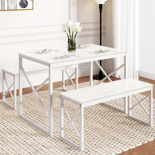 VECELO Dining Table with 2 Benches for 4, 43.3'' Wood Kitchen Room Dinette Sets with Metal Frame for Breakfast Nook and Small Space, White