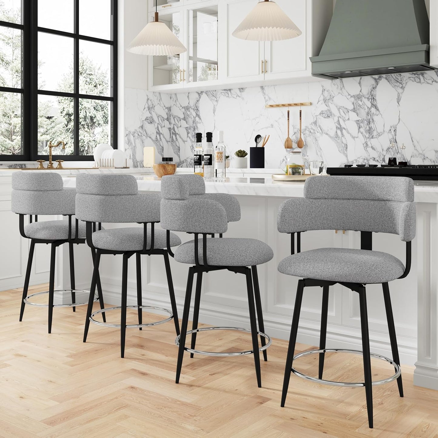 Swivel Bar Stools Set of 2, Counter Height Bar Stools with Ergonomic Full Back, Upholstered Linen Fabric Barstools with Chrome Metal Footrest for Kitchen Island, Dining Room