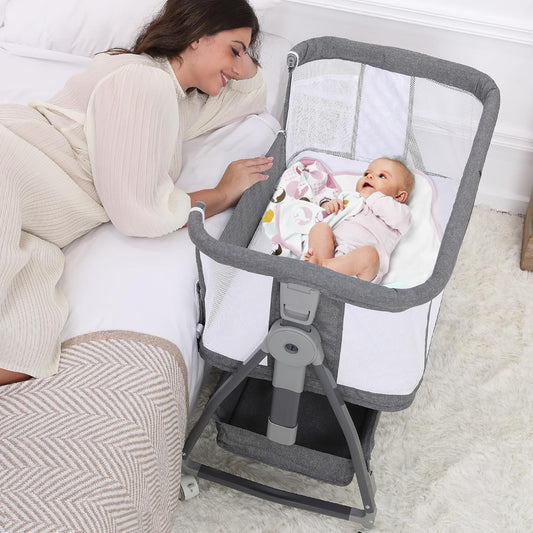 3 in 1 Baby Bassinet Bedside Sleeper with Mattress and Wheels, 5 Height Adjustable Bed Side Bassinets for Newborn, Gray Rocking Bassinet for Baby
