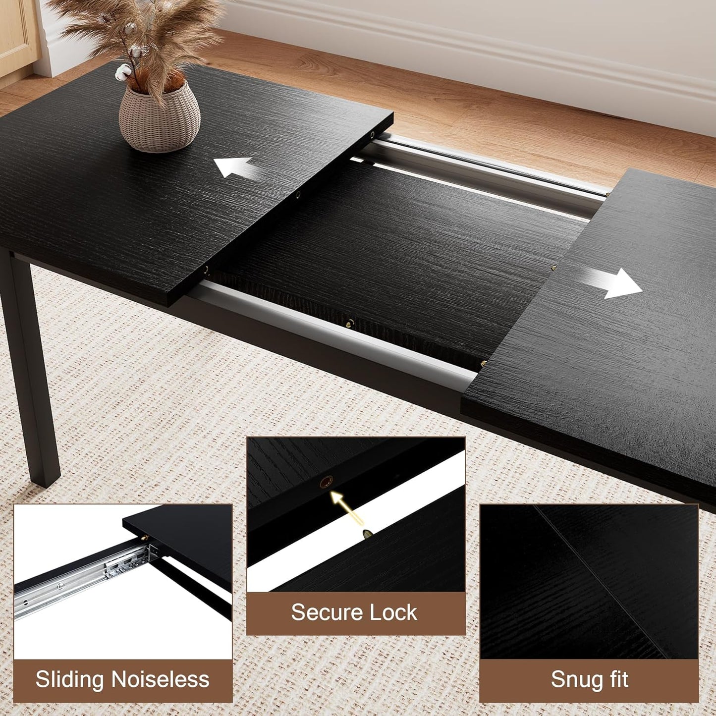 5-Piece Dining Table Set for 4-6, 63" Extendable Kitchen Table with 2 Benches & 2 Stools, Metal Frame & MDF Board, Farmhouse Space-Saving Dinette for Kitchen, Dining Room, Black