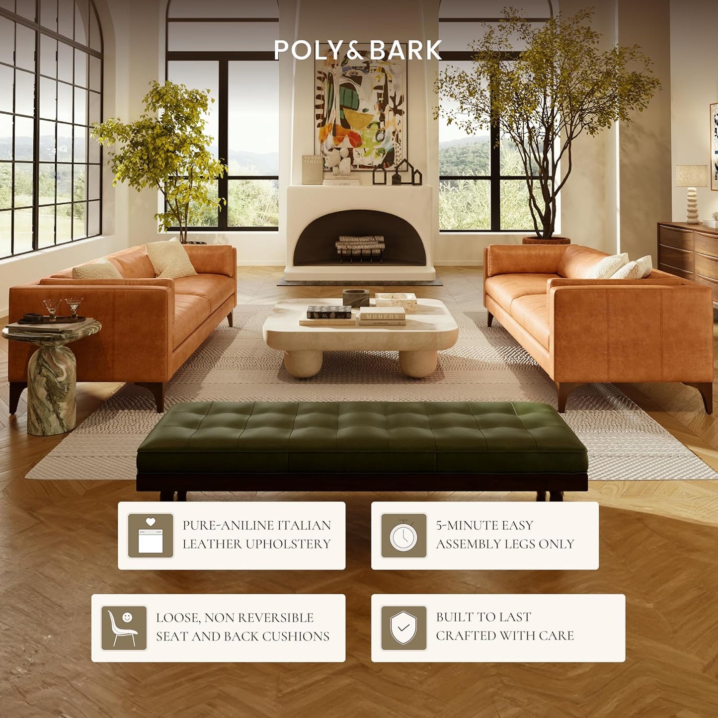 Poly & Bark Argan Leather Couch - 93 Inch Sofa - Full-Grain Leather Sofa for Living Room with Feather Down Topper - Living Room Couch - Pure Aniline Vintage Italian Leather in Cognac Tan